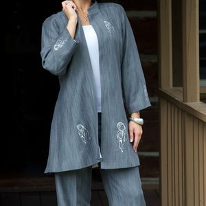 Minimalist Grey Tencel Art Coat Embroidered “Mother & Child” | Avant Garde